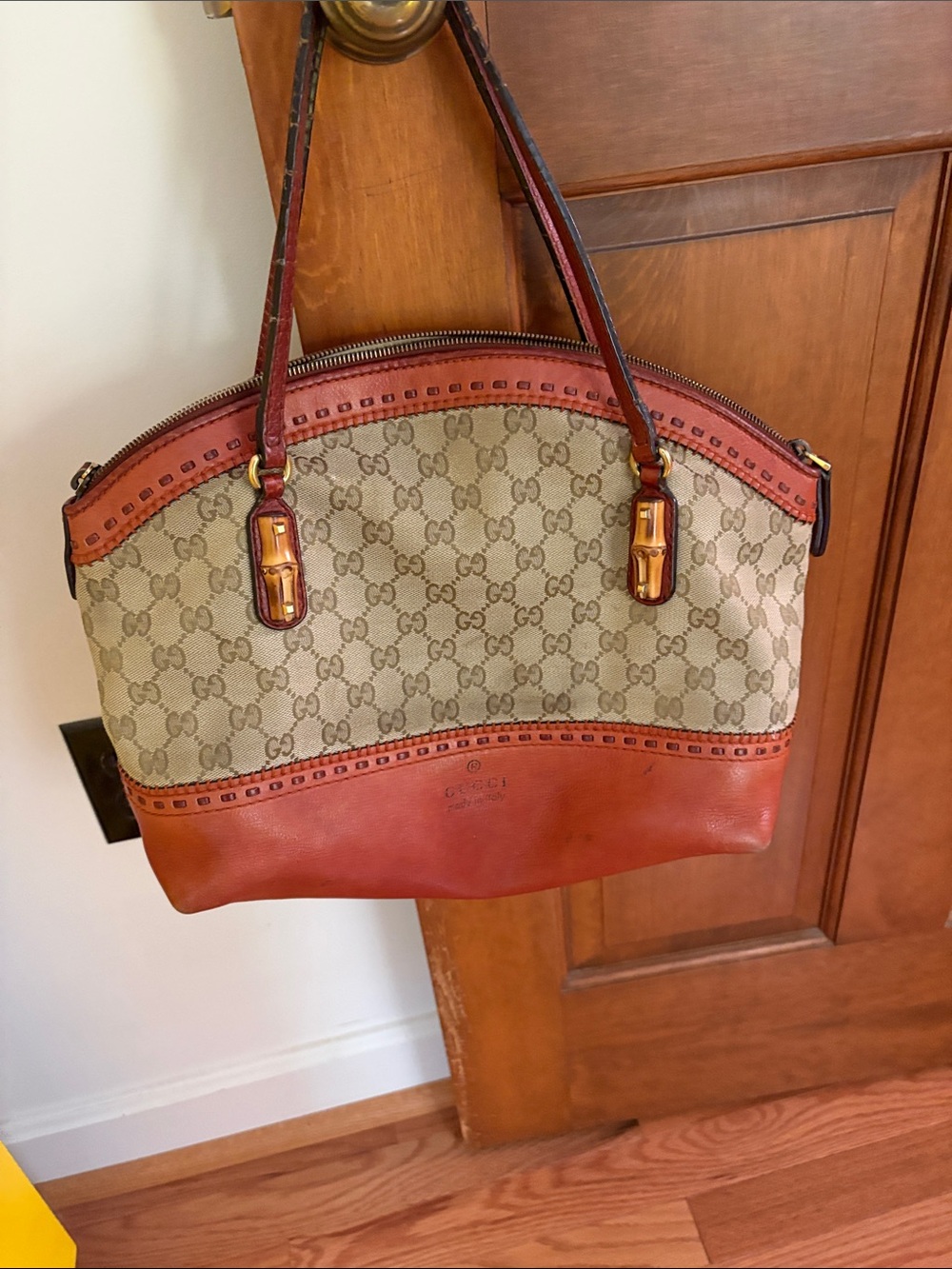 Gucci Tan Monogram Canvas Shoulder Bag with Brown Leather Trim